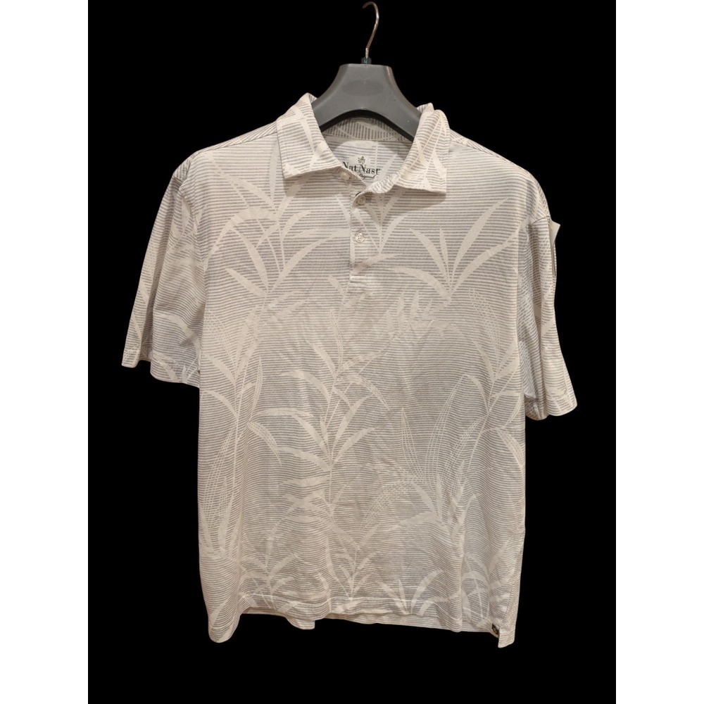 Nat Nast Hawaiian Polo Shirt Light Grey White Stripes Subtle Palm‎ Leaves Large